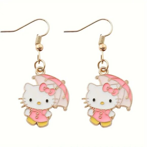 Earrings Hello Kitty Enamel Umbrella Dangle Silver Sanrio  Emo Scene Trendy Glam - Picture 2 of 2